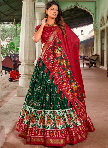 Patola Printed Red And Green Silk Lehenga Choli With Dupatta